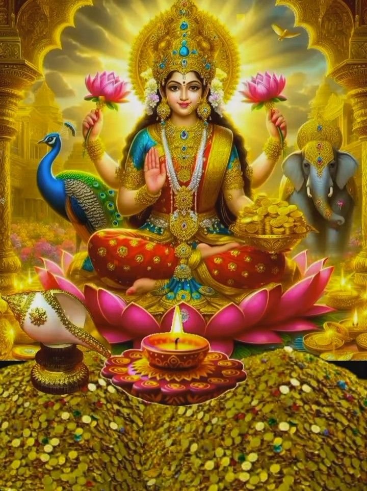 Lakshmi Maa seated on a lotus flower.