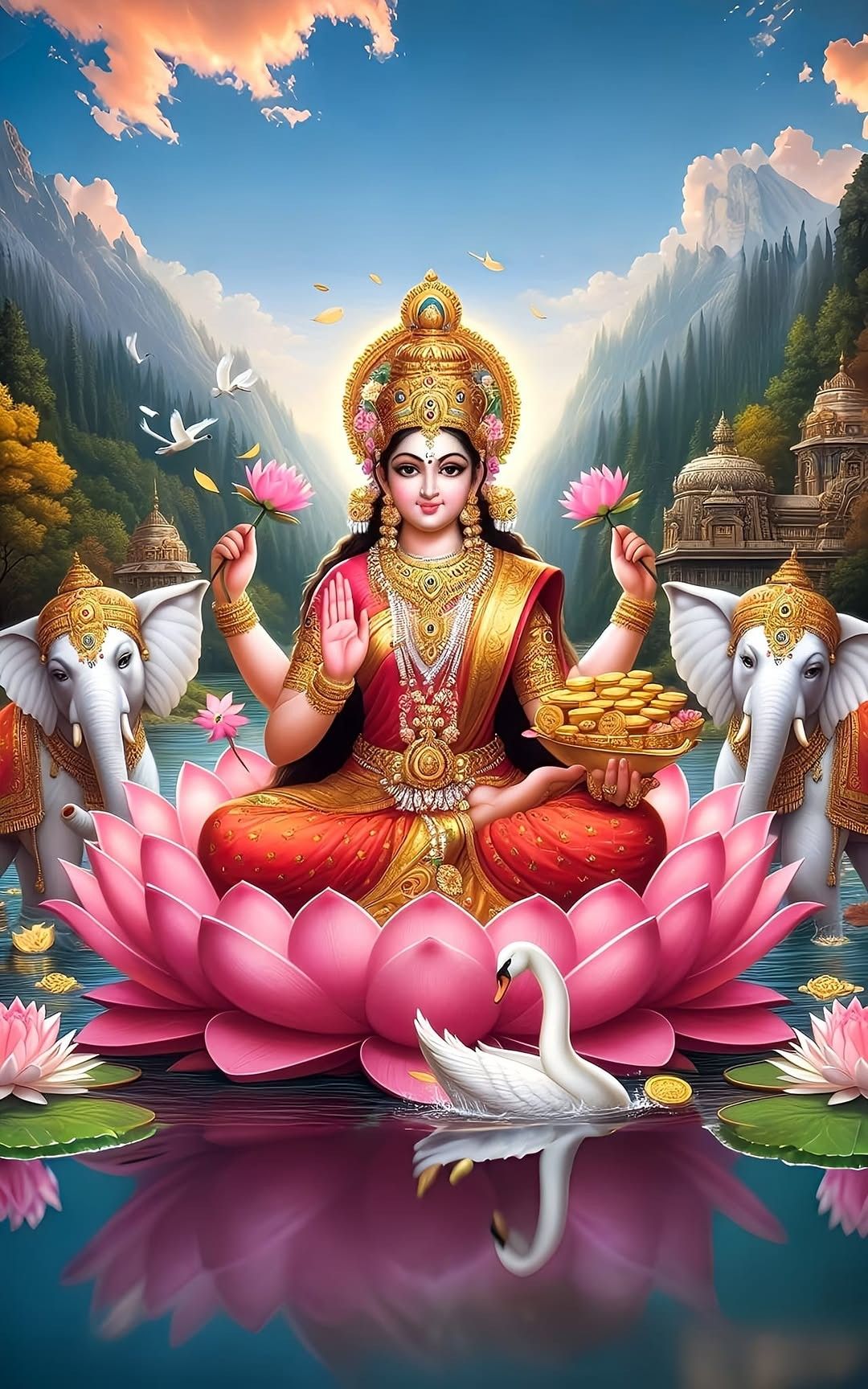 Lakshmi Maa seated on lotus with elephants
