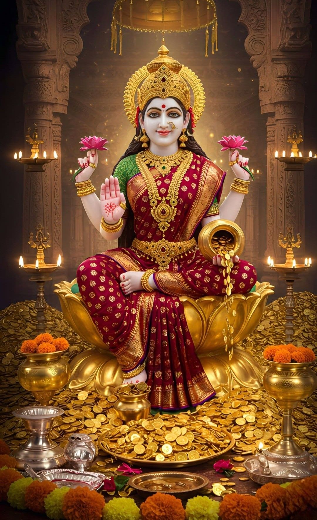 Goddess Lakshmi seated with lotus flowers