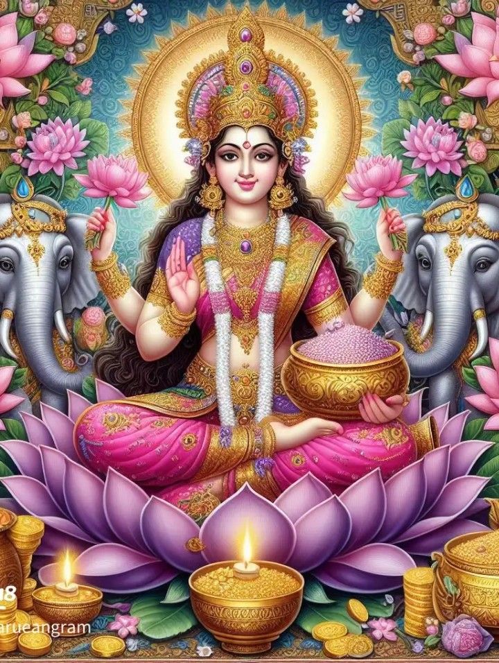Goddess Lakshmi seated on lotus flower