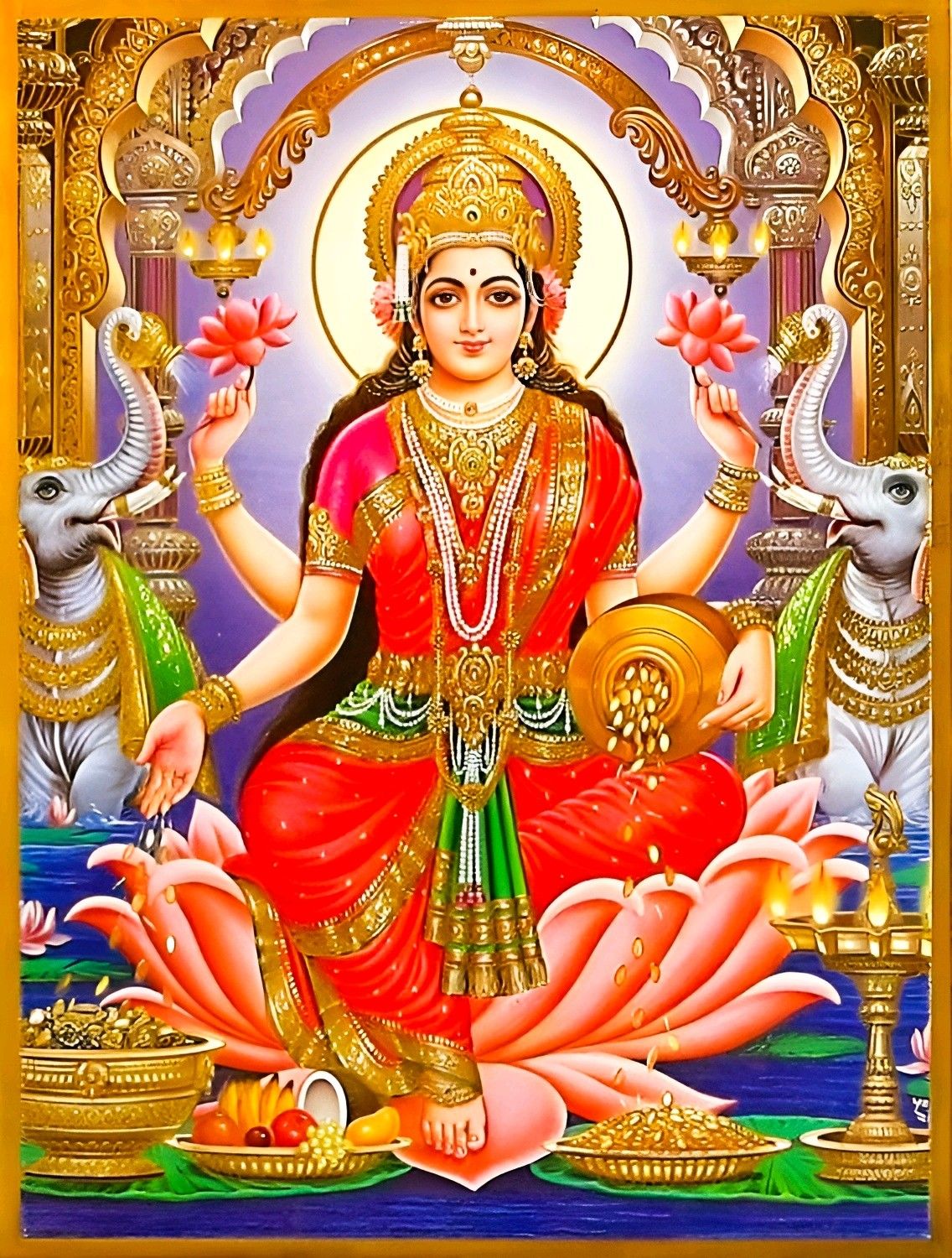 Goddess Lakshmi seated with elephants and lotuses