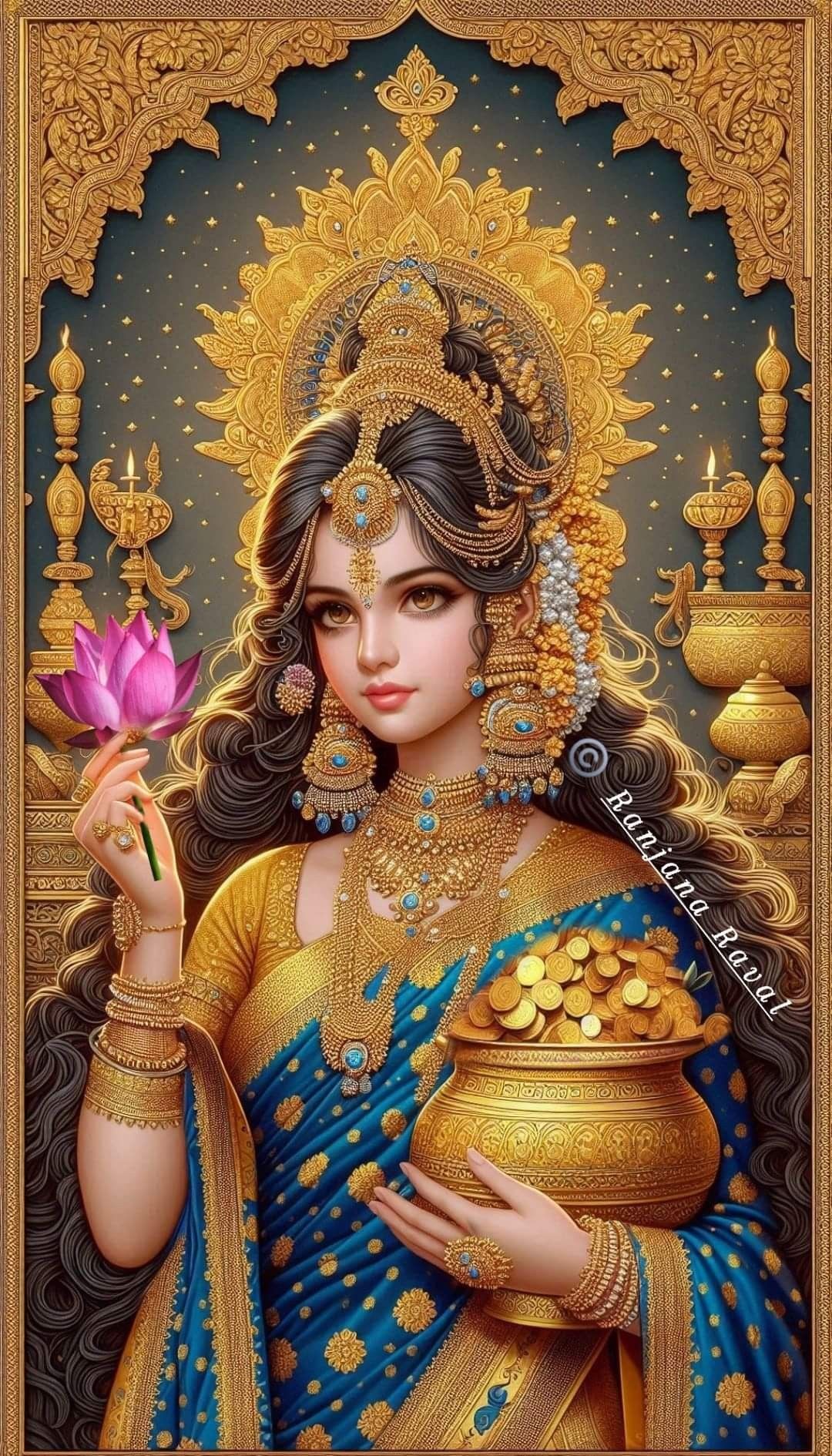 Goddess Lakshmi holding a lotus.