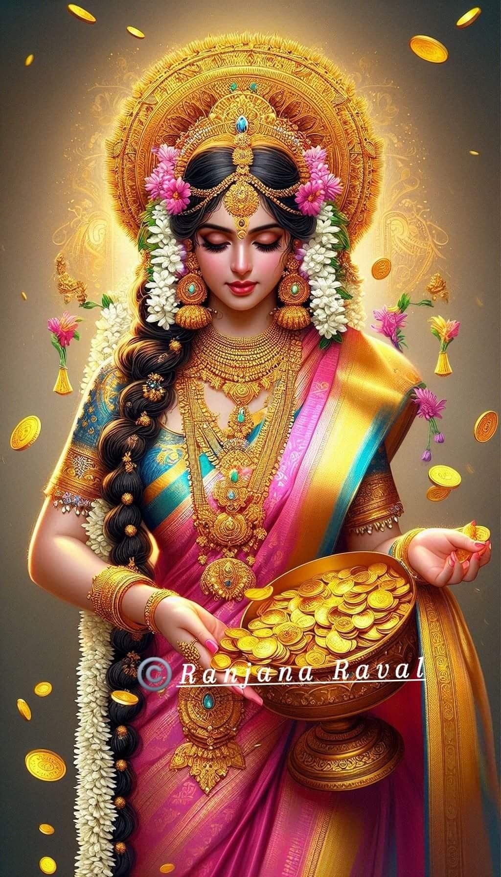 Goddess Lakshmi with gold coins and lotus