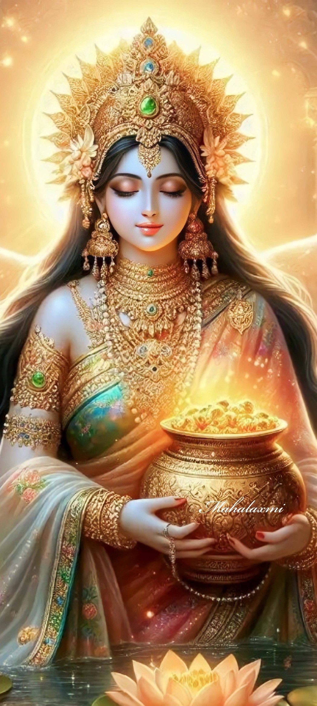 Goddess Lakshmi holding golden coins.