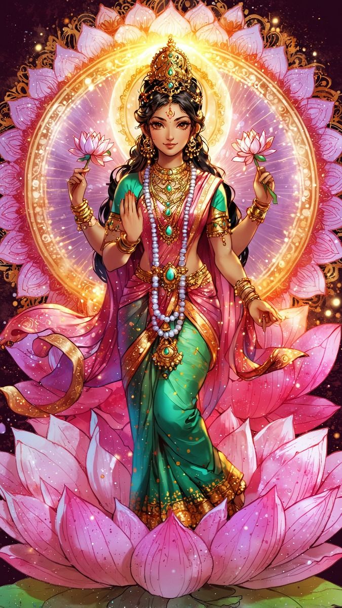 Goddess Lakshmi seated on lotus flower