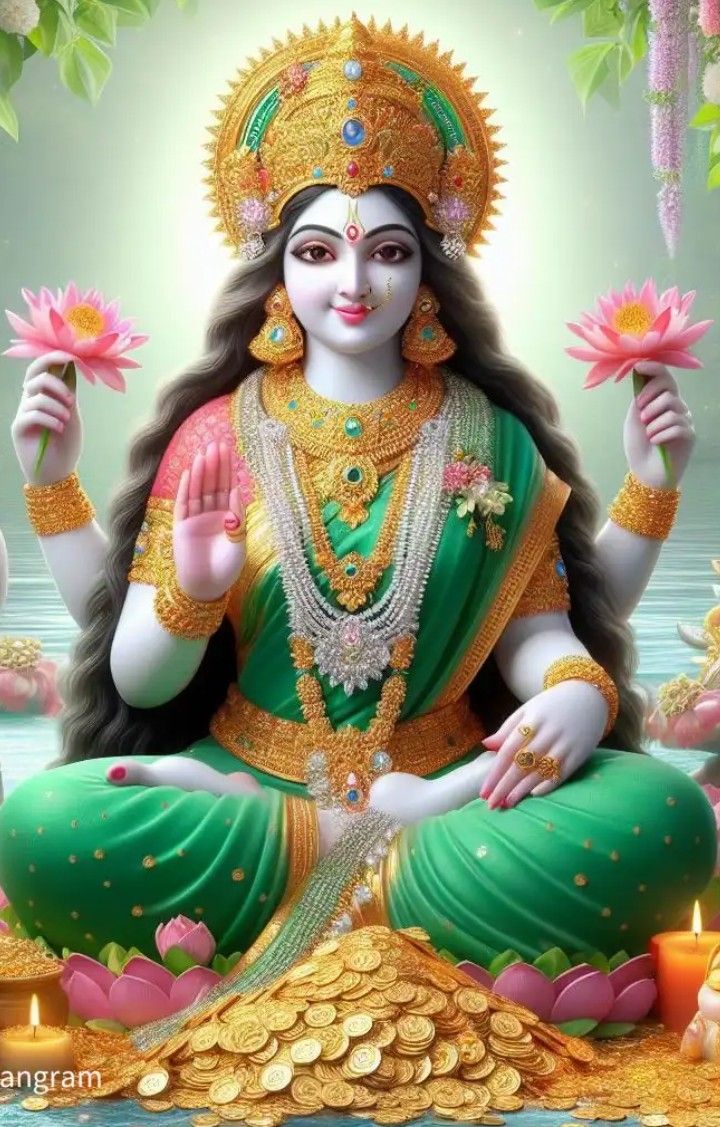 Goddess Lakshmi holding lotus flowers.