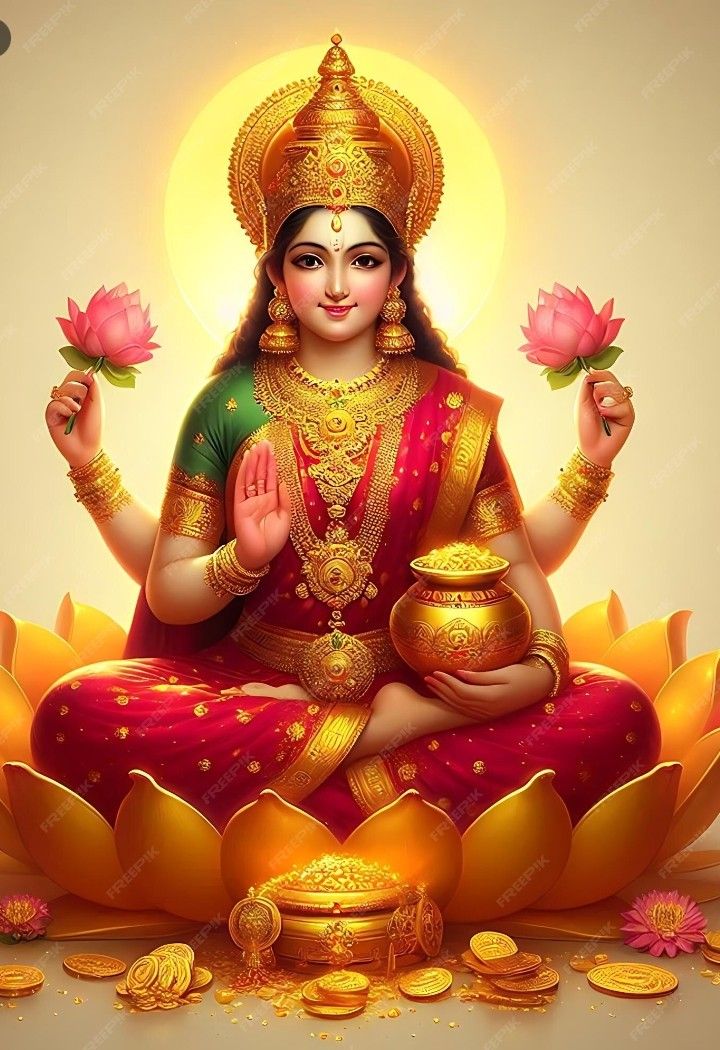 Goddess Lakshmi seated on lotus flowers