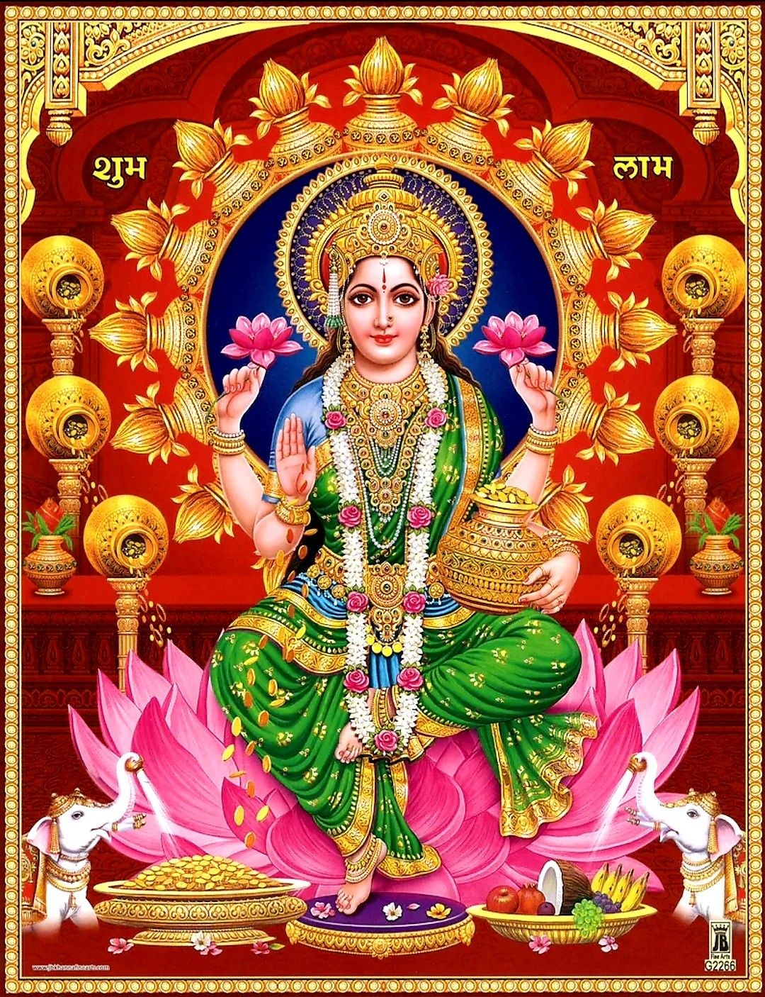 Goddess Lakshmi seated on lotus flowers.