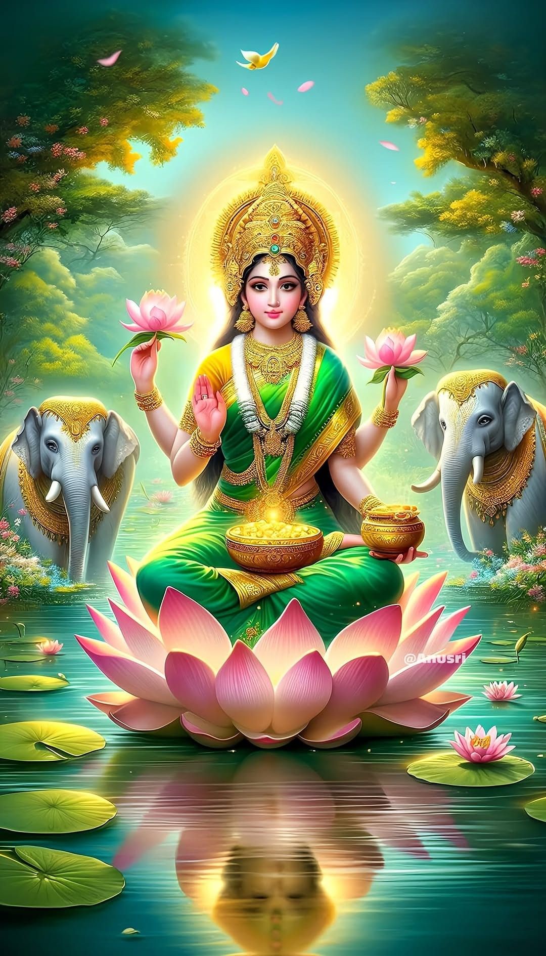 Lakshmi Maa seated on a lotus flower.