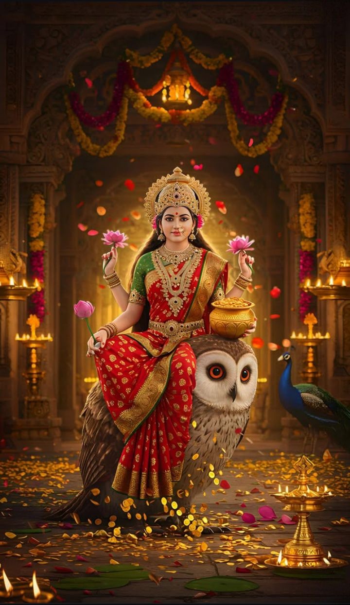 Goddess Lakshmi seated with lotus flowers