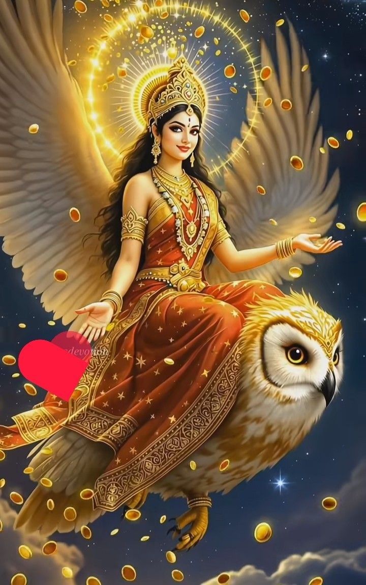 Lakshmi Maa riding an owl, golden aura