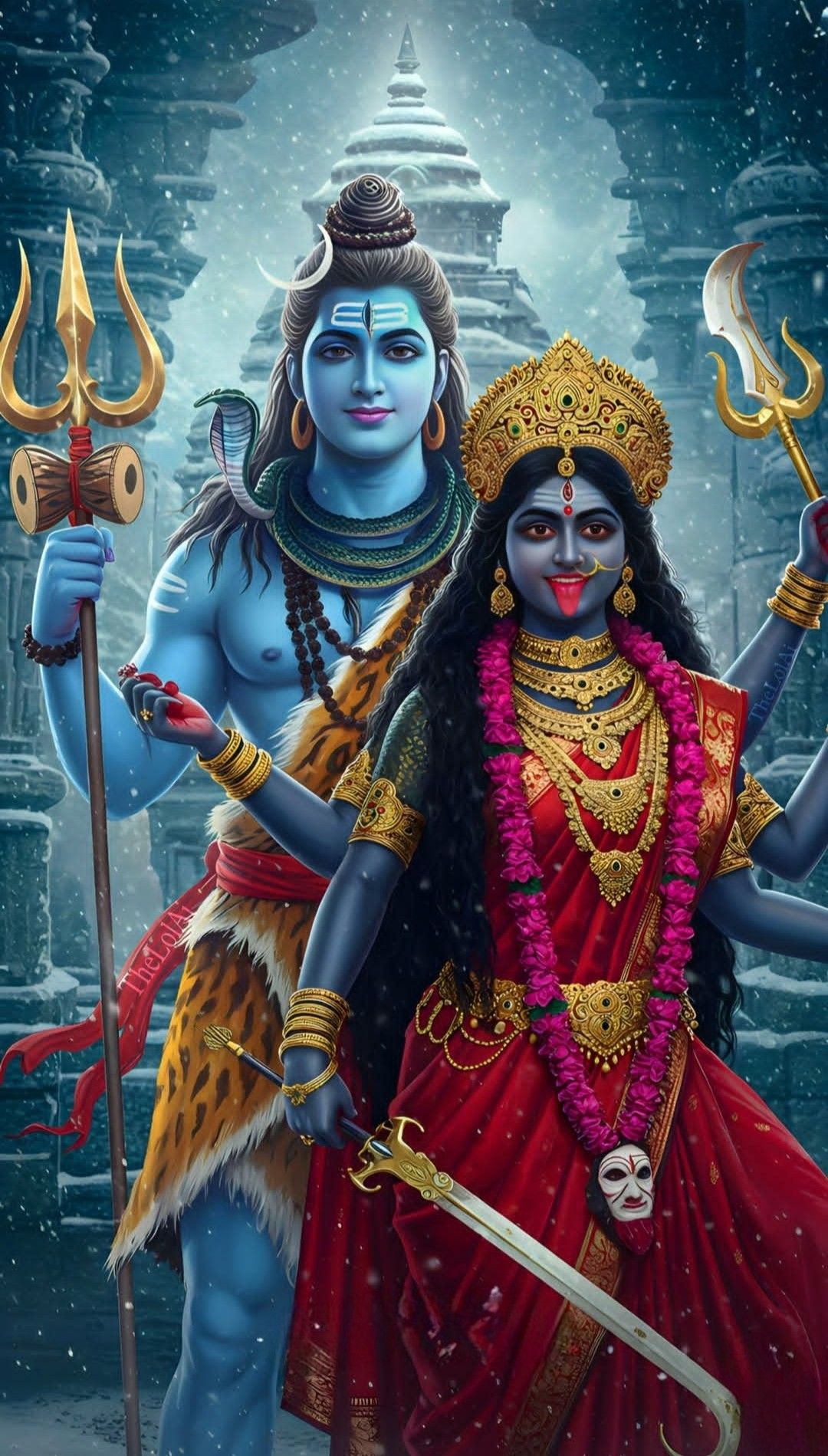 Shiva and Mahakali in snowy landscape