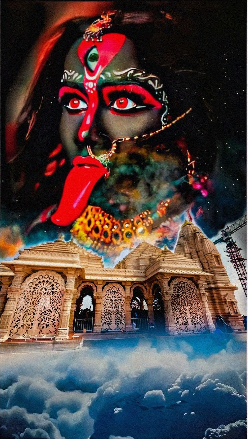 Mahakali Maa with temple and cosmic background