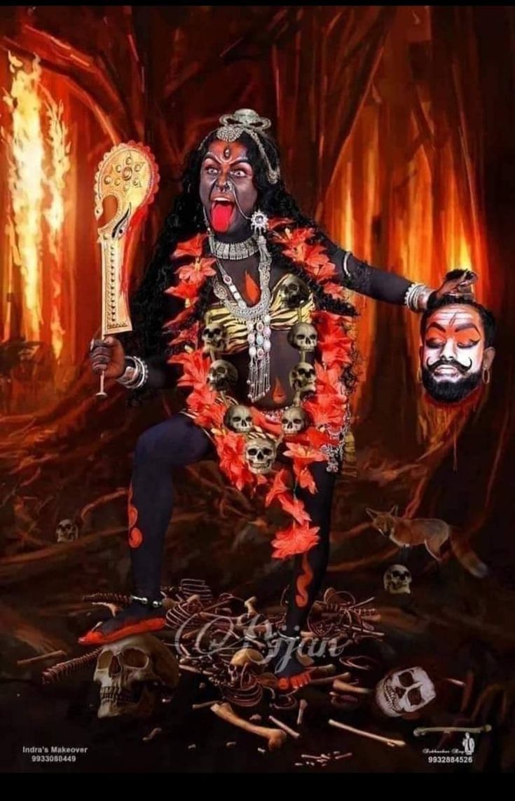 Fierce Mahakali Maa with skulls and flowers