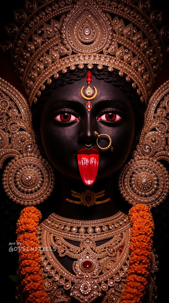 Goddess Kali fierce eyes golden jewelry