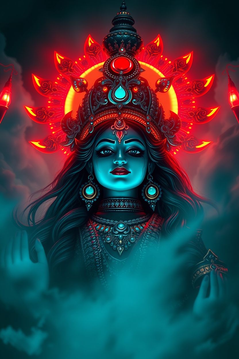 Mahakali Maa portrait with fiery halo.