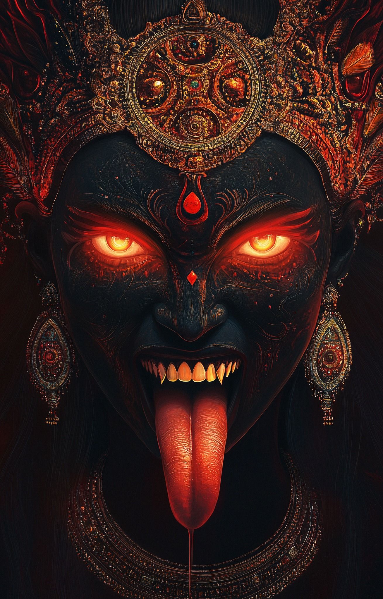 Fierce Mahakali Maa face with glowing eyes