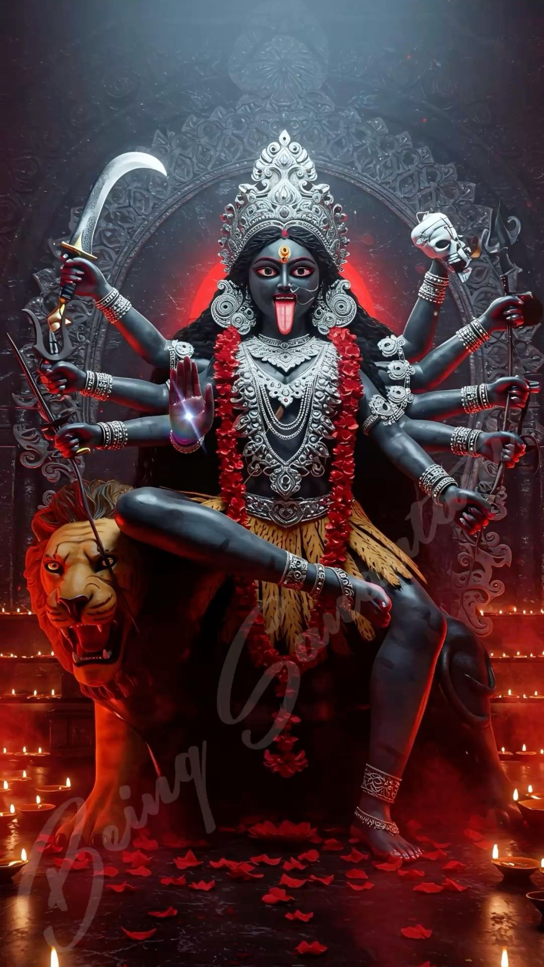 Mahakali Maa with lion and weapons