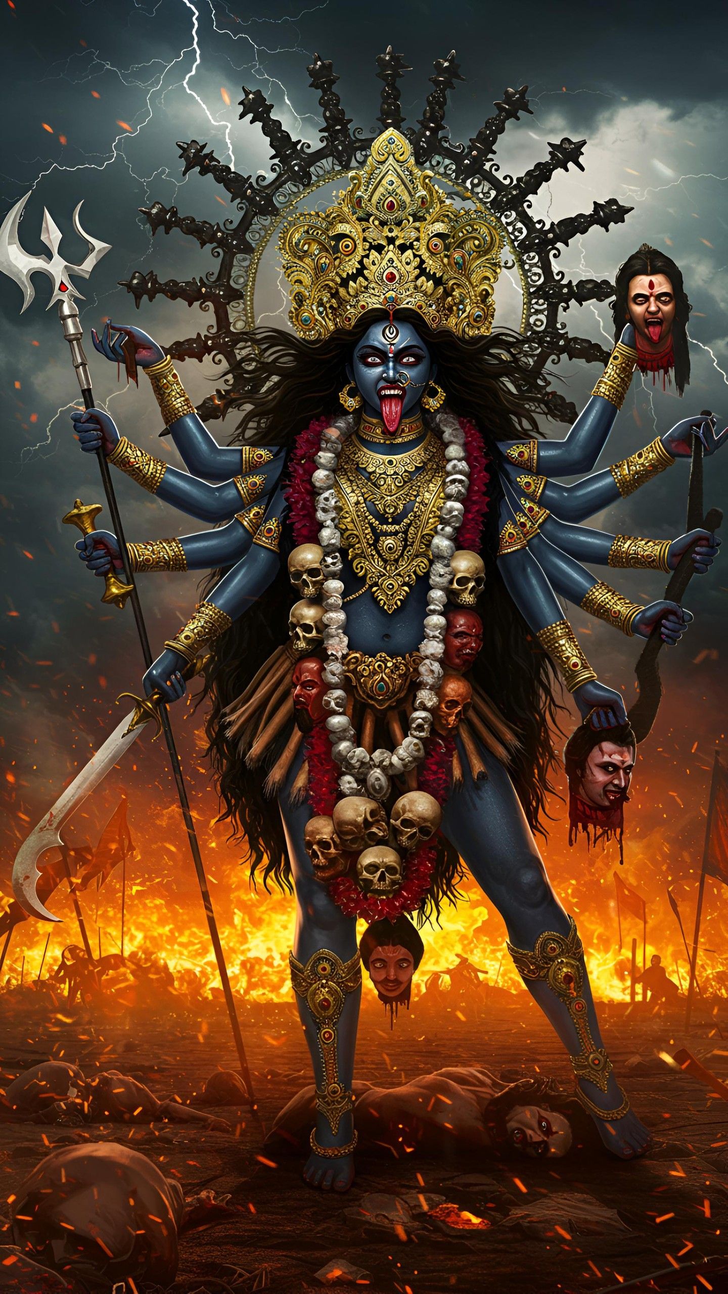 Fierce Mahakali Maa amidst fiery destruction.