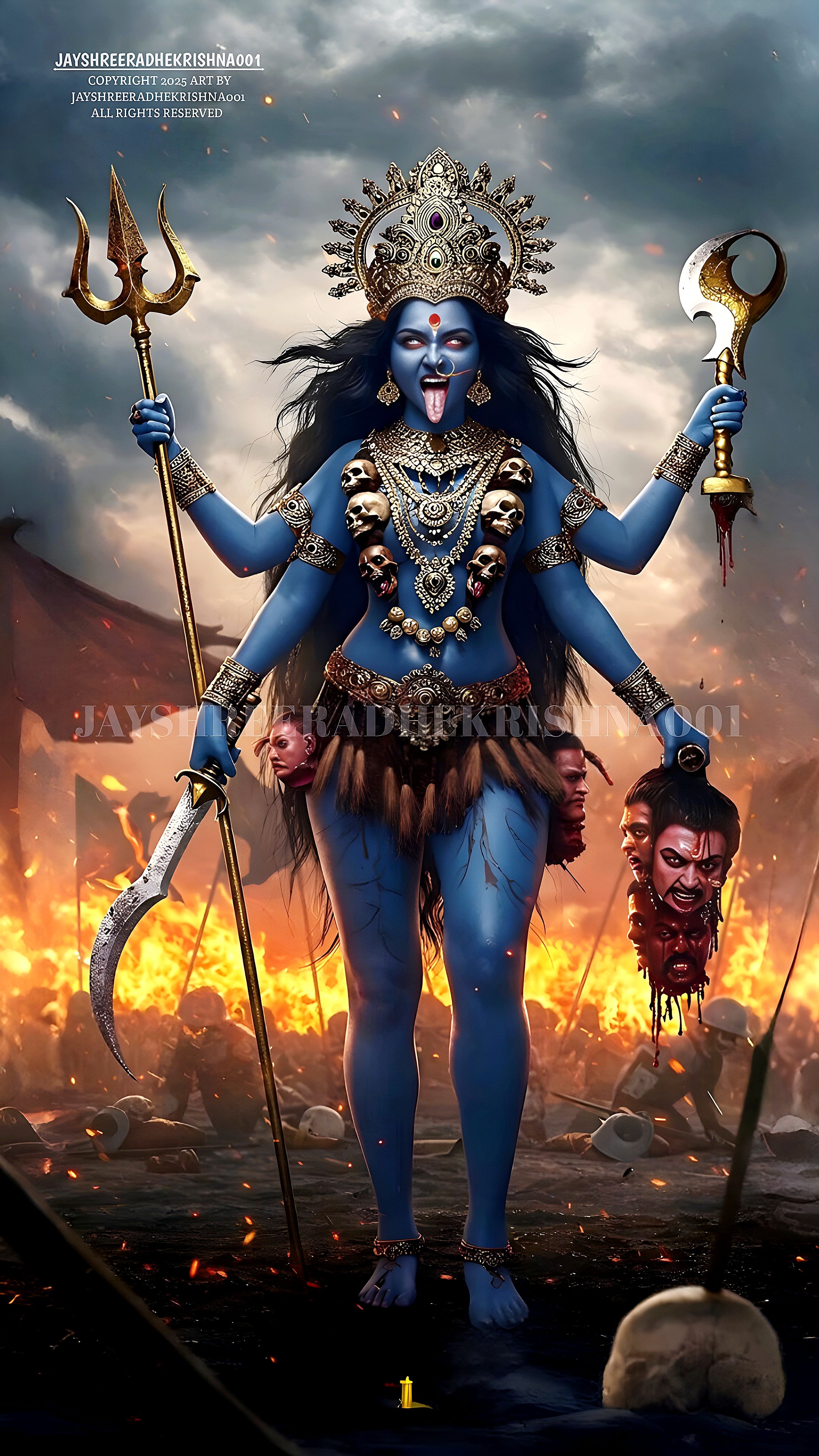 Fierce Mahakali Maa amidst fiery chaos
