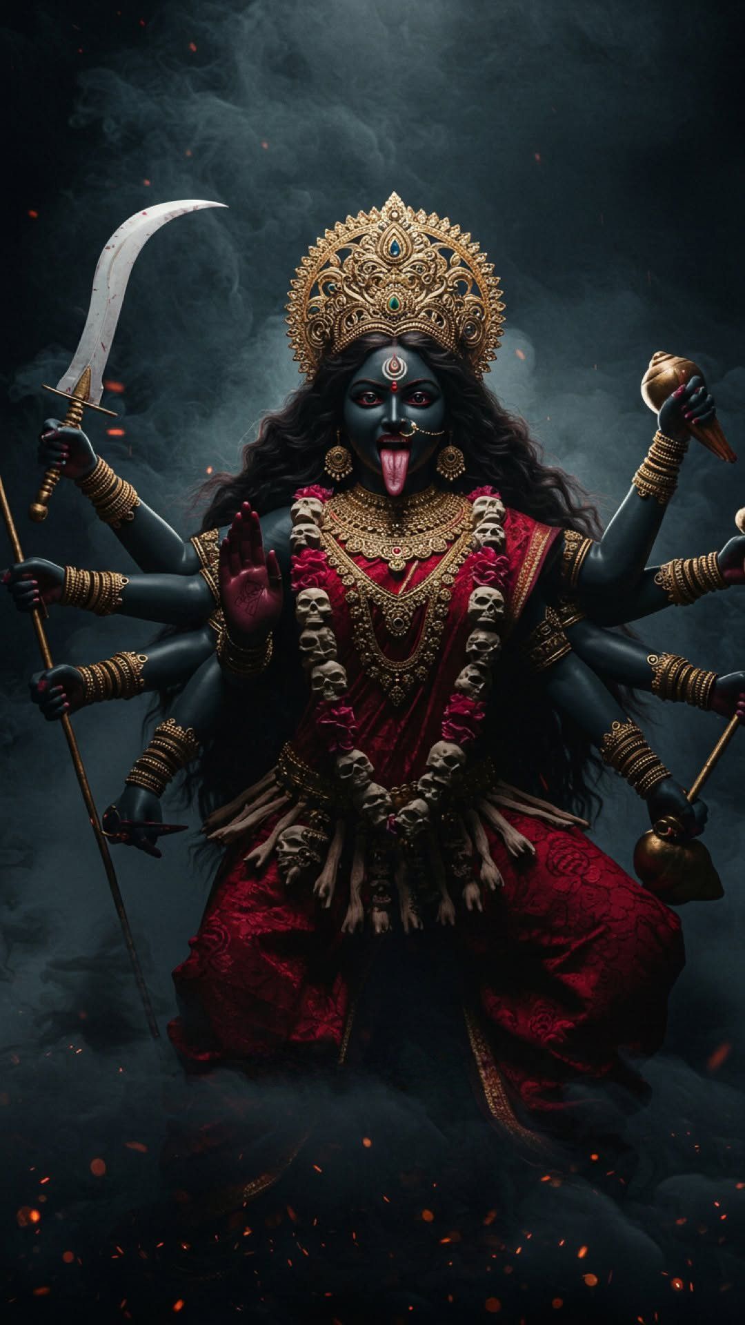 Mahakali Maa with skulls and weapons.