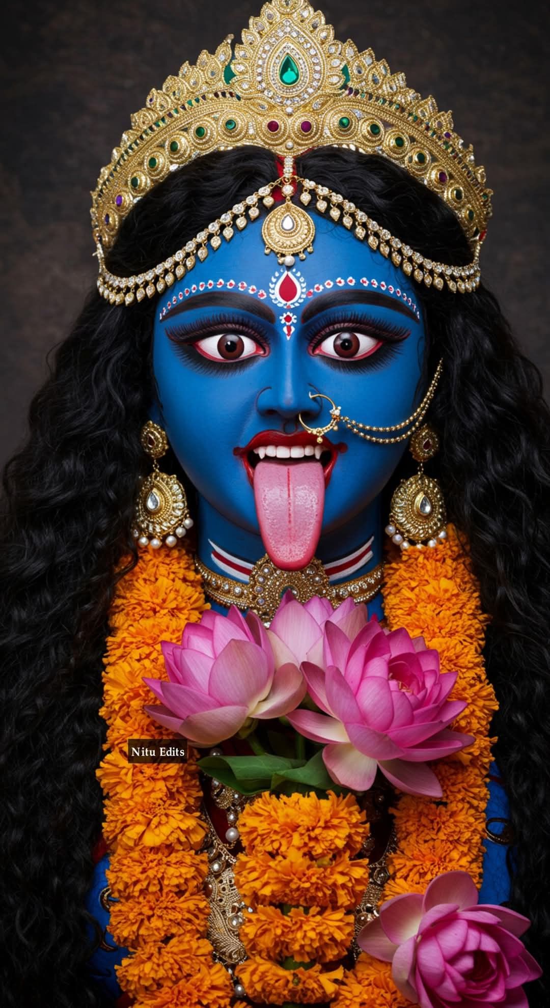 Goddess Kali with lotus flowers.