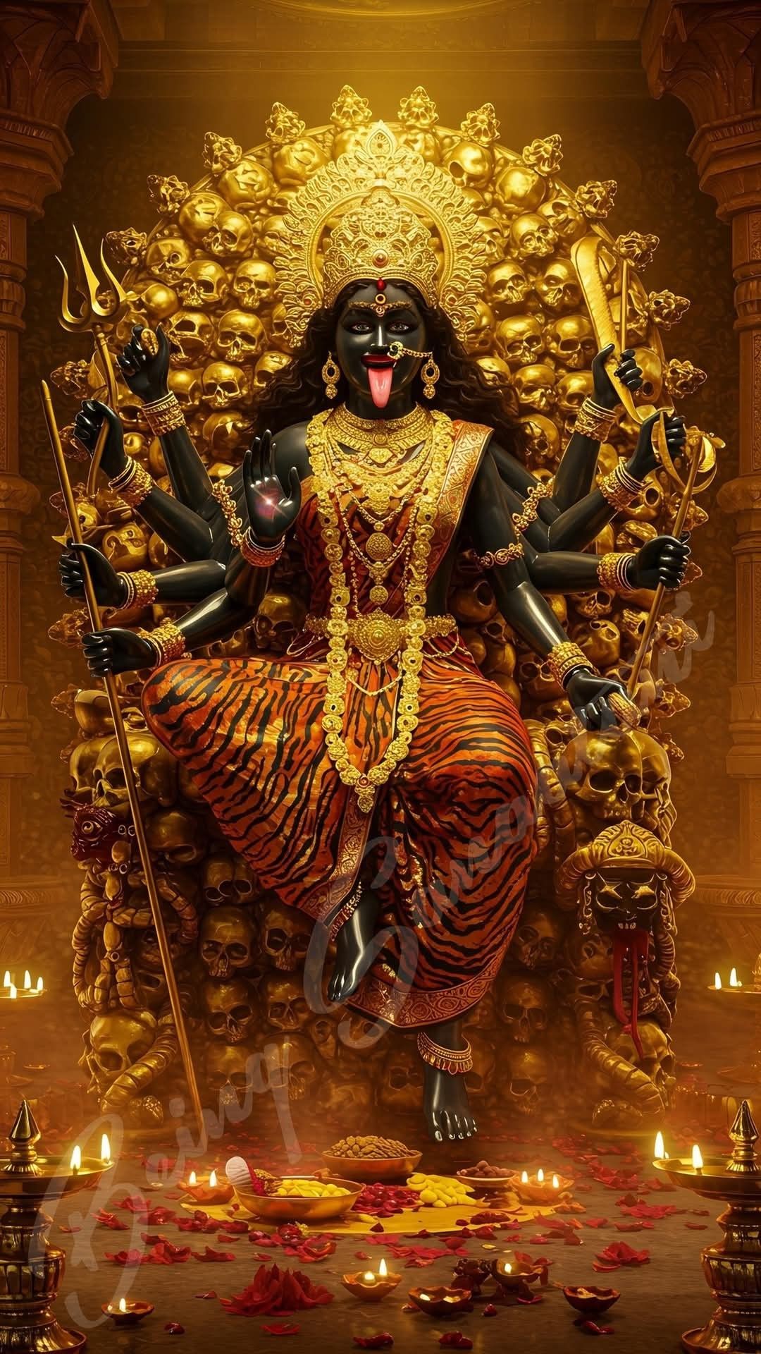 Fierce Mahakali Maa with trident and skulls