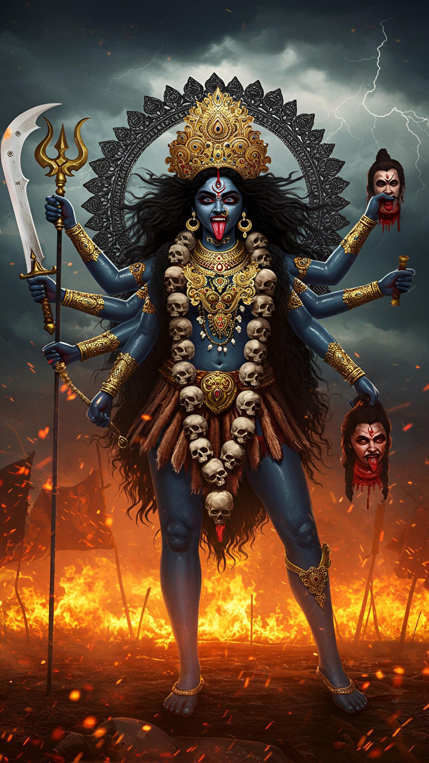 Fierce Mahakali Maa standing in flames