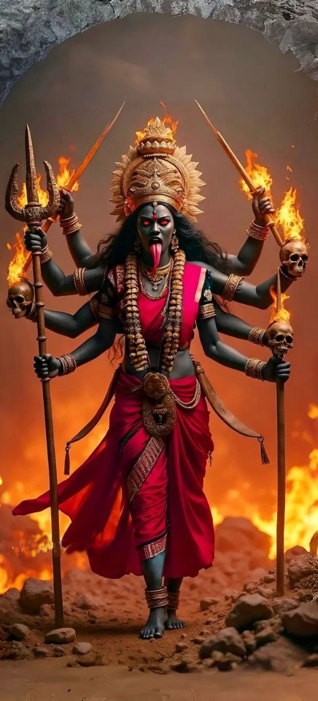 Mahakali Maa, powerful goddess, fiery backdrop