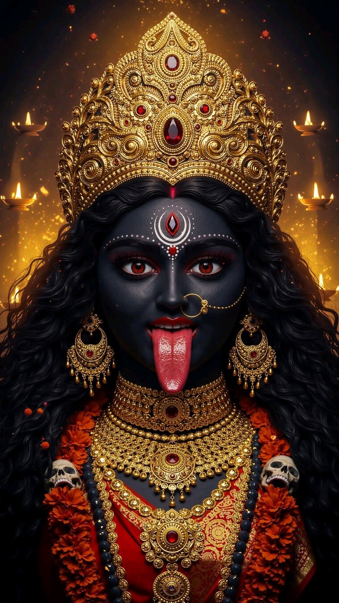 Mahakali Maa, fierce goddess, golden jewelry