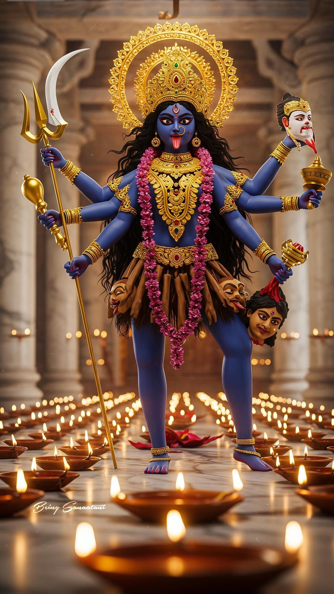 Goddess Kali with lotus and trident.
