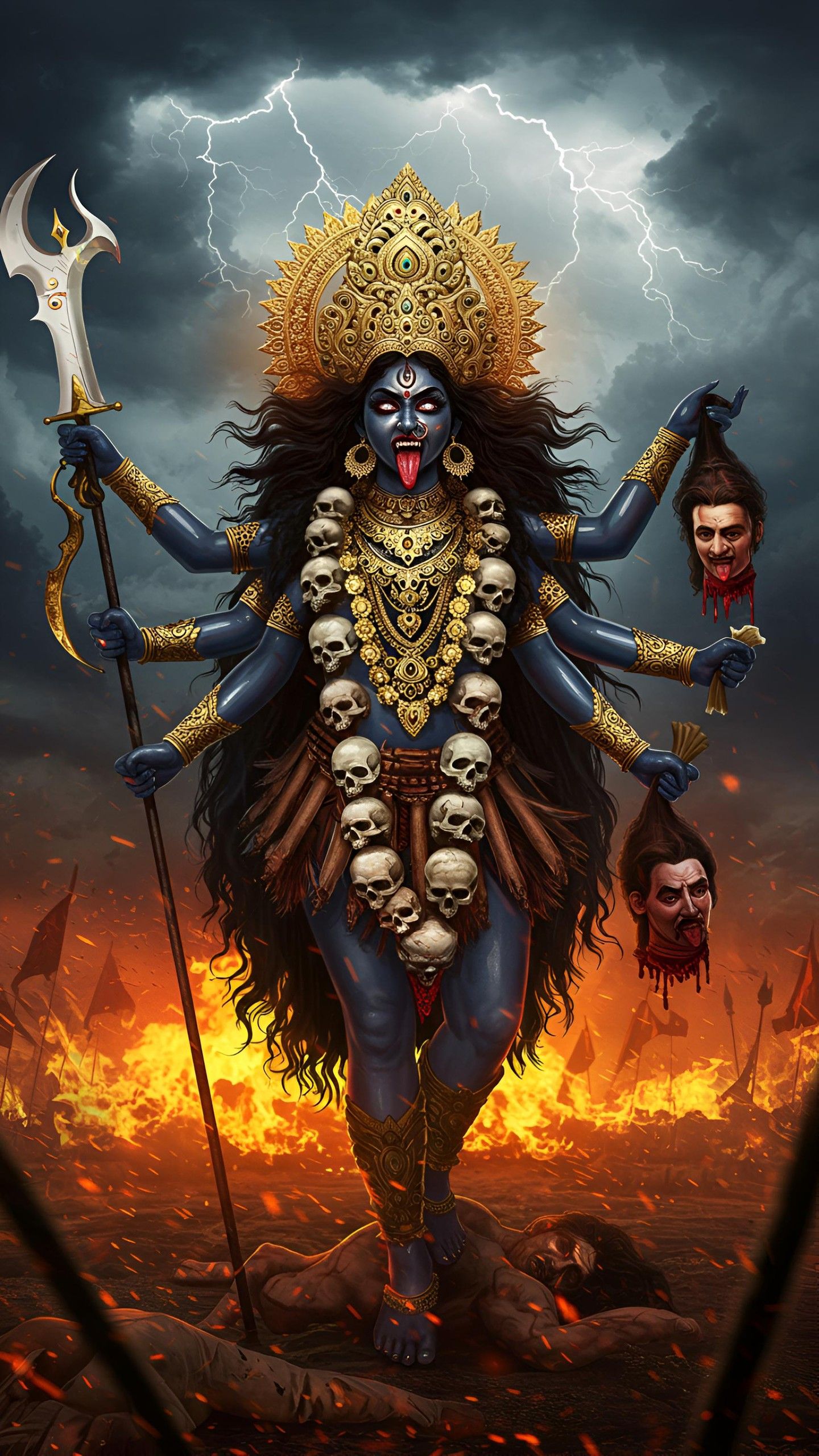Fierce Mahakali Maa with trident and skulls.