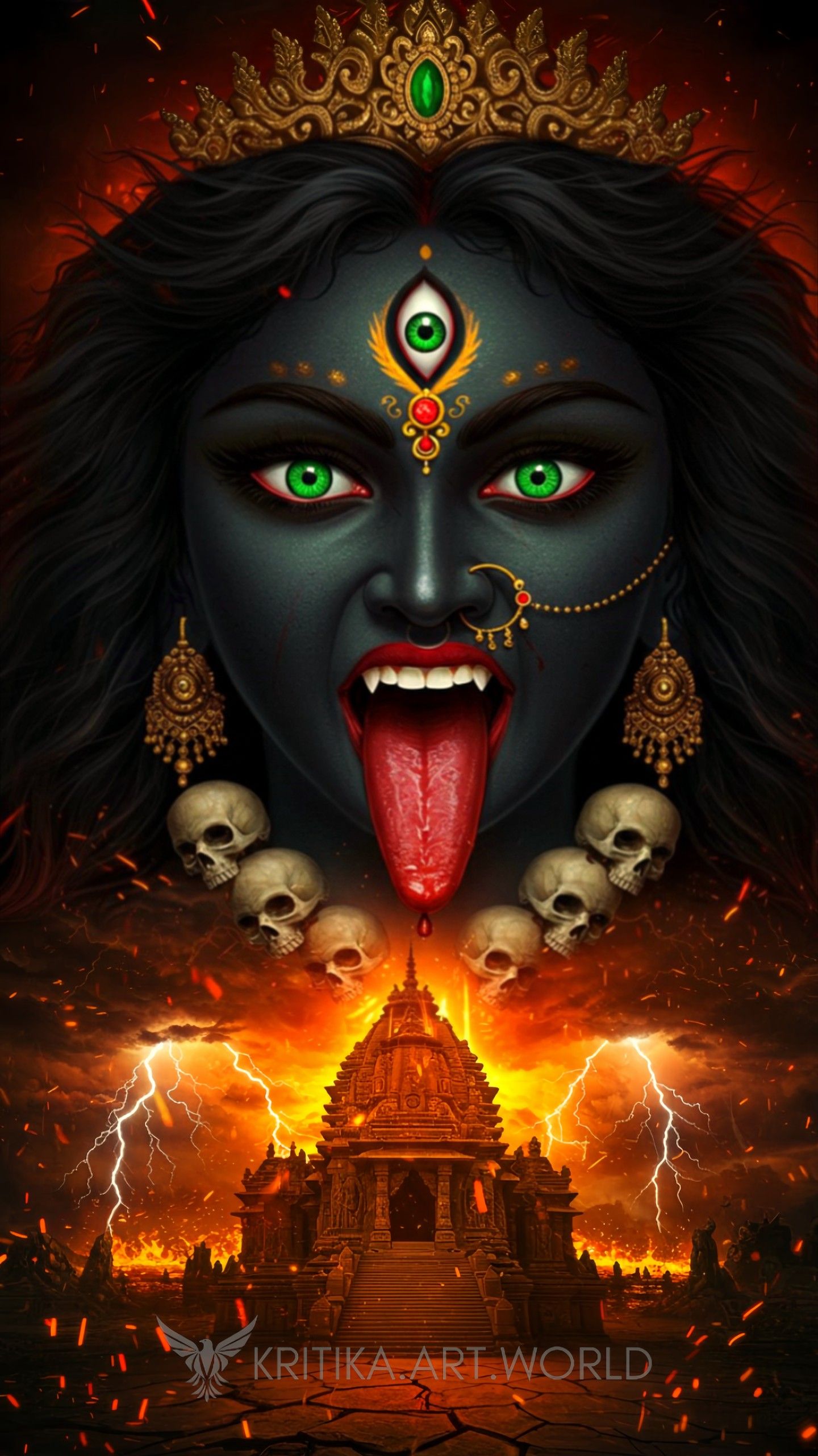 Fierce Mahakali Maa with skulls and temple