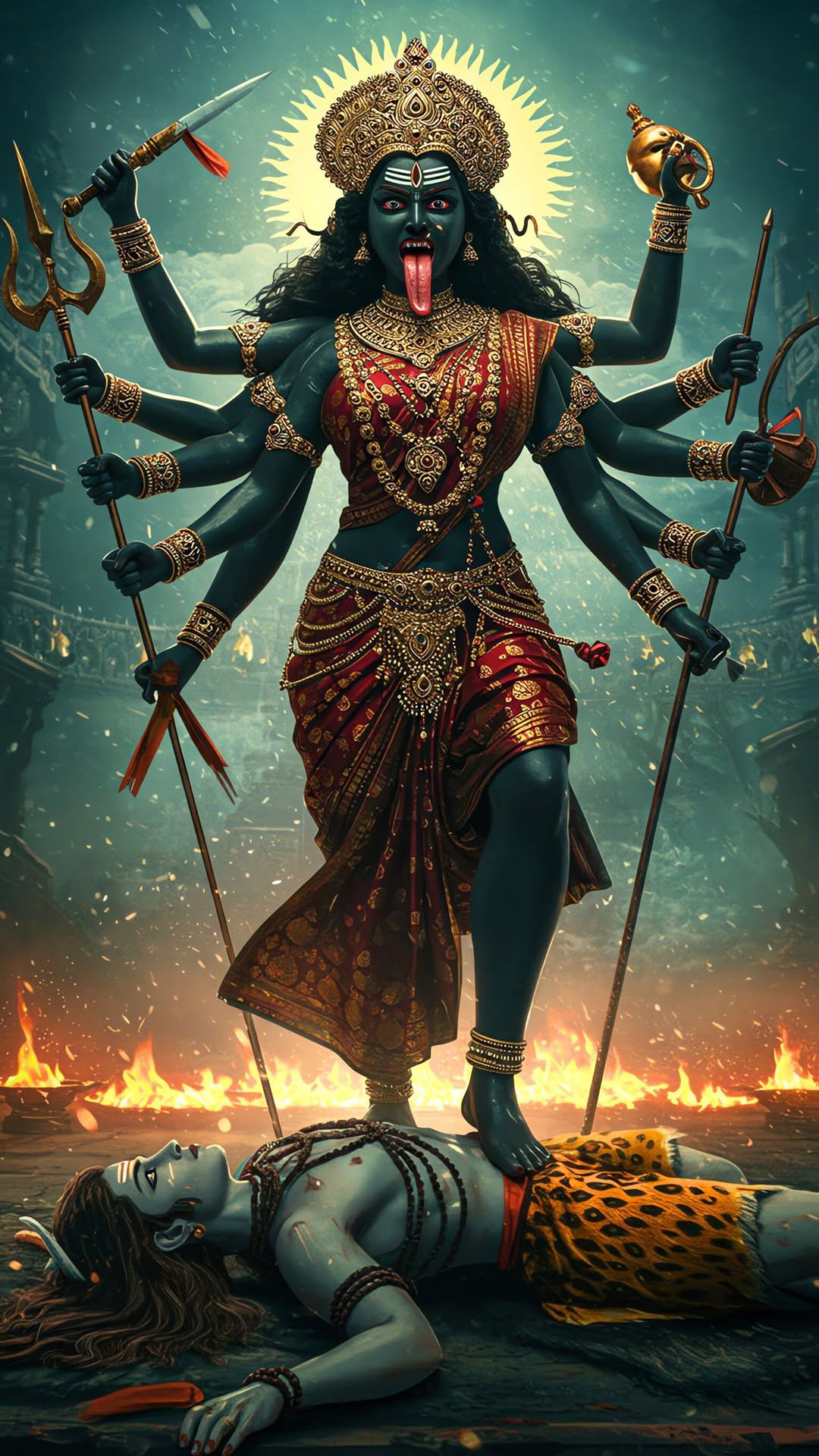 Fierce Mahakali Maa standing over demon