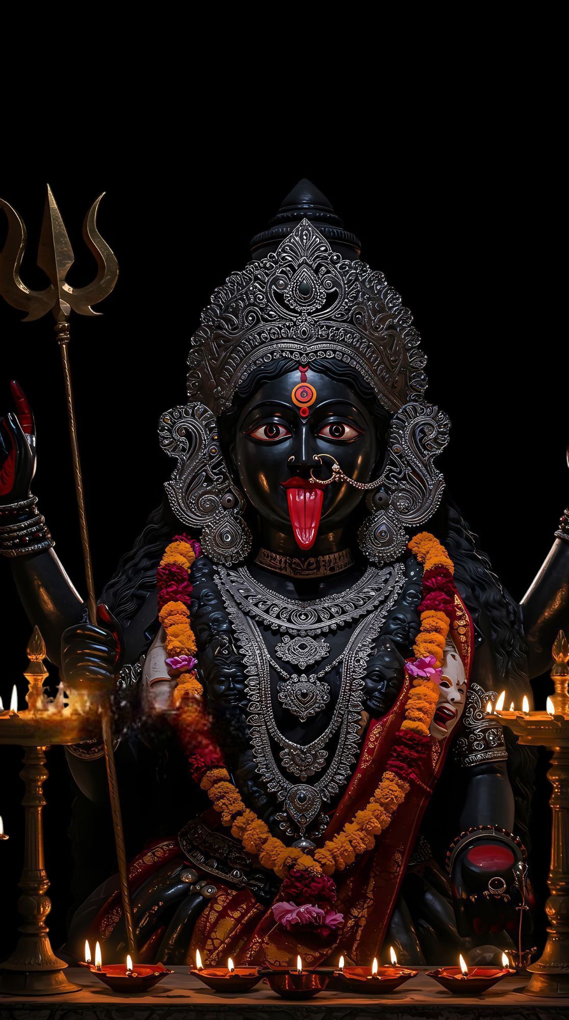 Goddess Kali with Trishul and Diyas