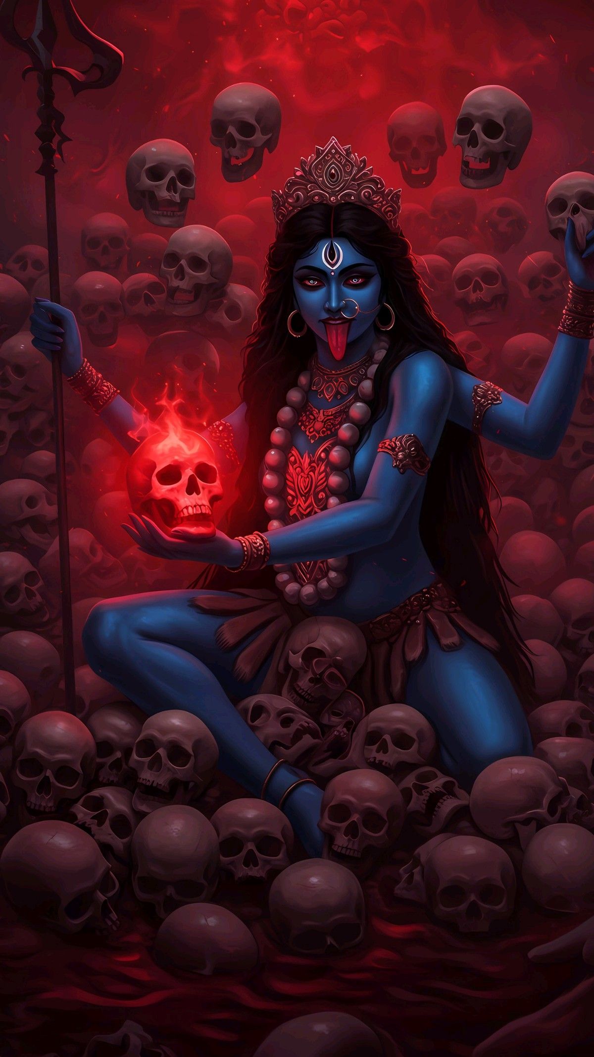Mahakali Maa amidst skulls and fire