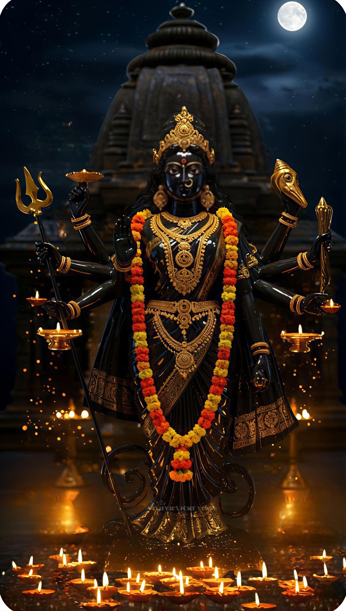 Mahakali Maa stands amidst flickering flames.