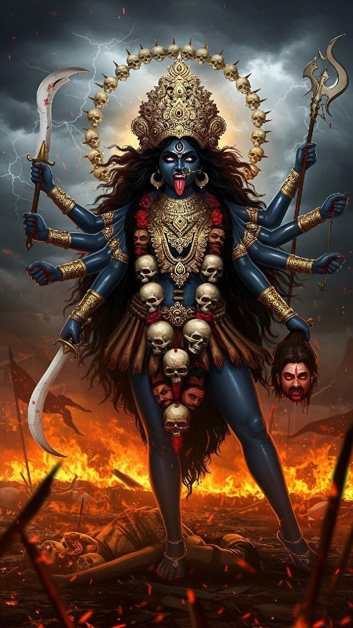 Fierce Mahakali Maa with skulls and fire