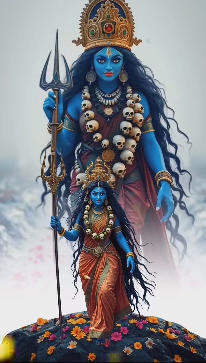 Mahakali Maa with Trishul and skulls.