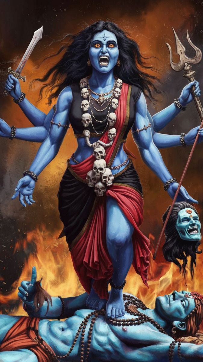Fierce Mahakali Maa standing on demons.