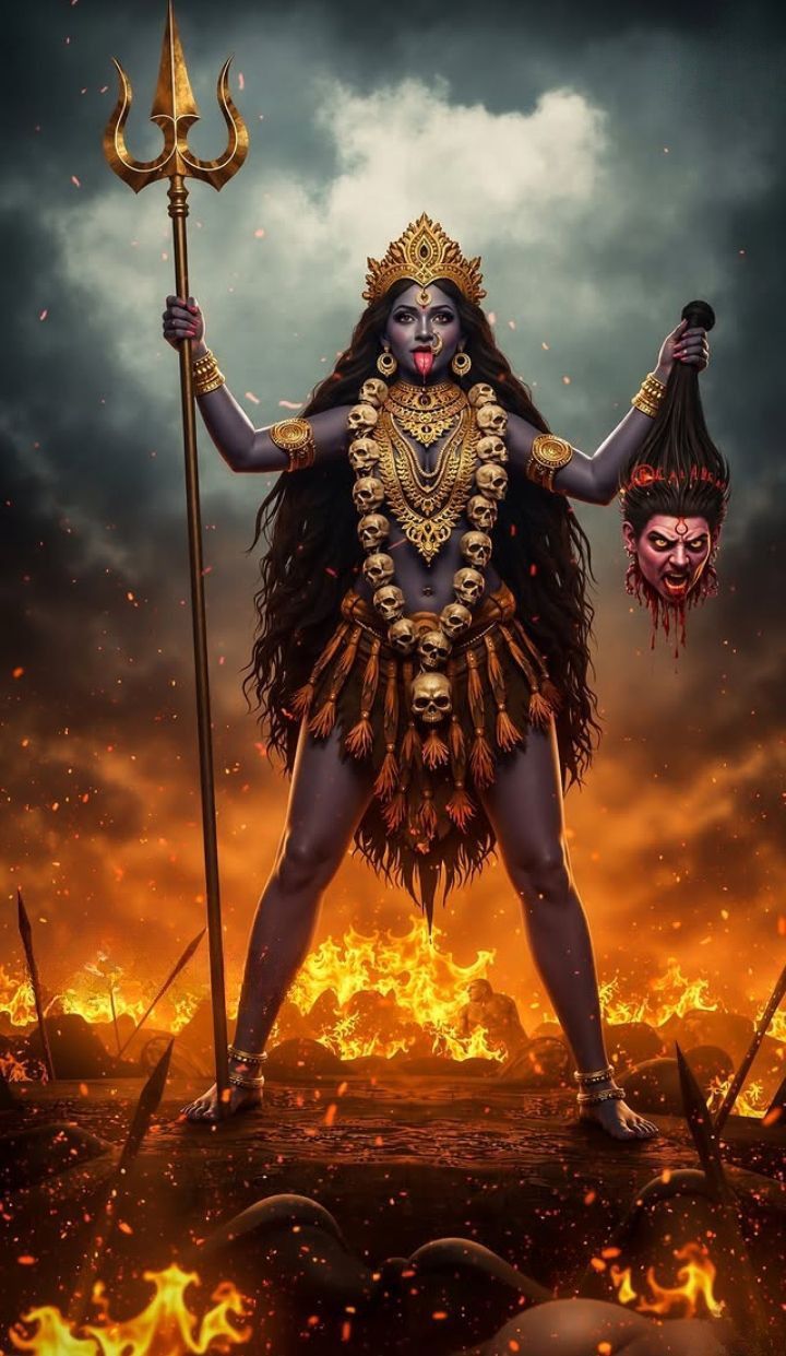 Fierce Mahakali Maa stands in fire