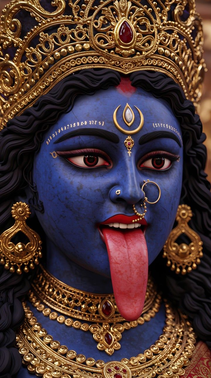 Close-up of Mahakali Maa\'s fierce face.