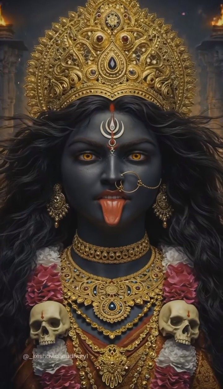 Fierce Mahakali Maa with skulls and lotus.