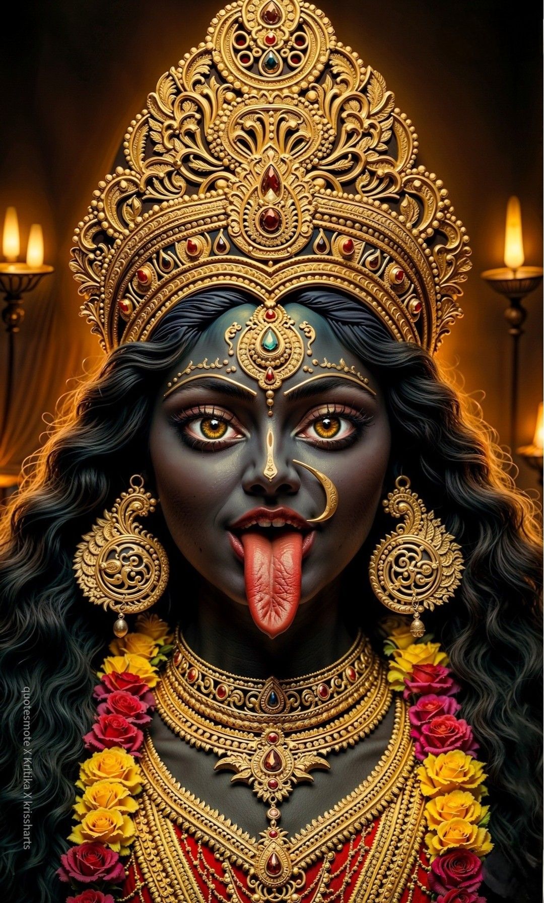 Fierce Mahakali Maa with golden crown.