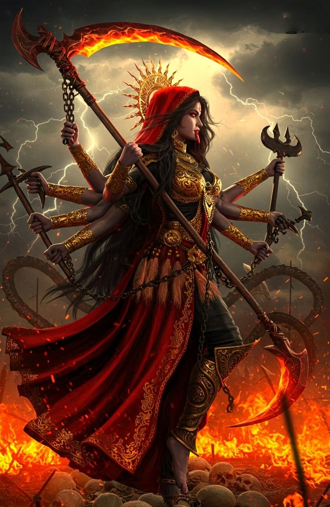 Fierce Mahakali Maa wielding weapons.