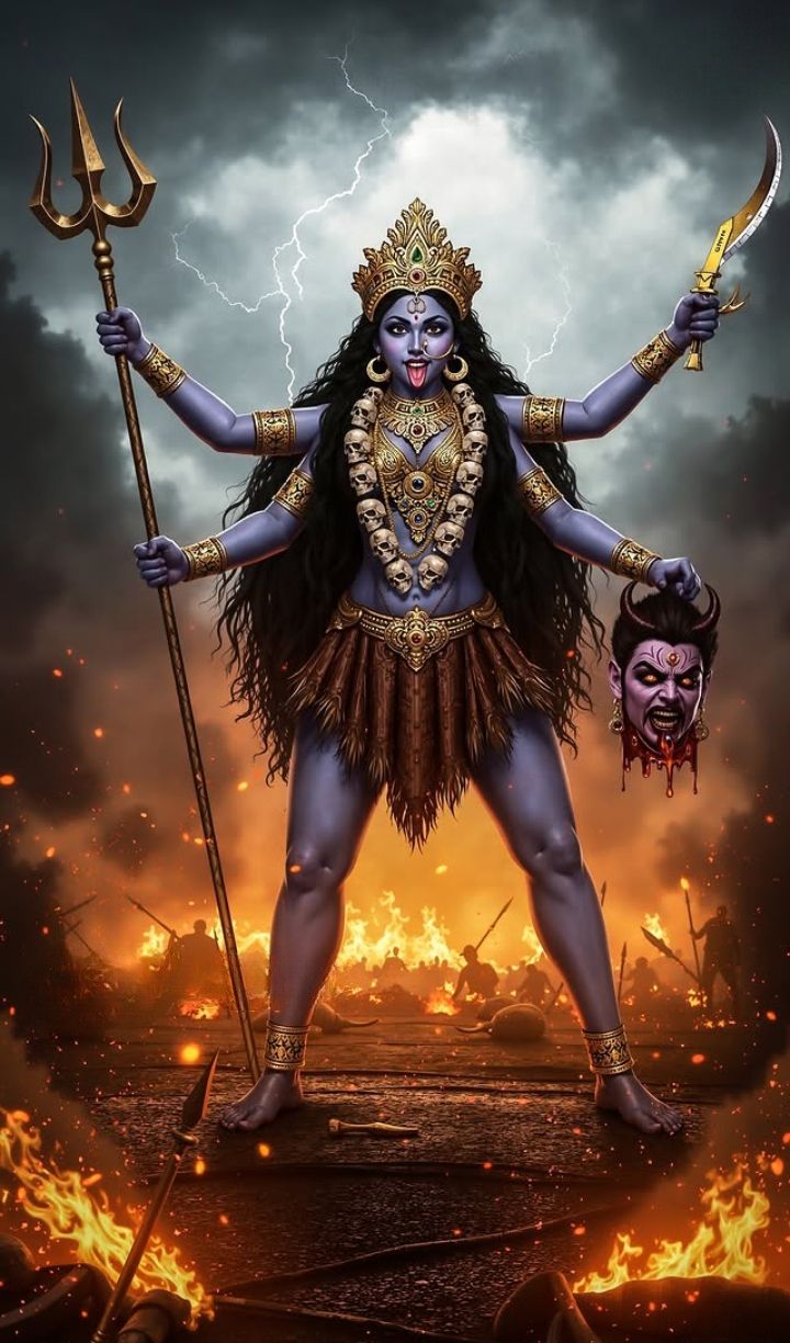 Mahakali Maa stands amidst fiery battlefield.