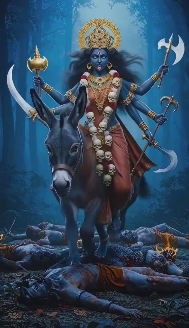 Maa Kali rides a donkey in darkness