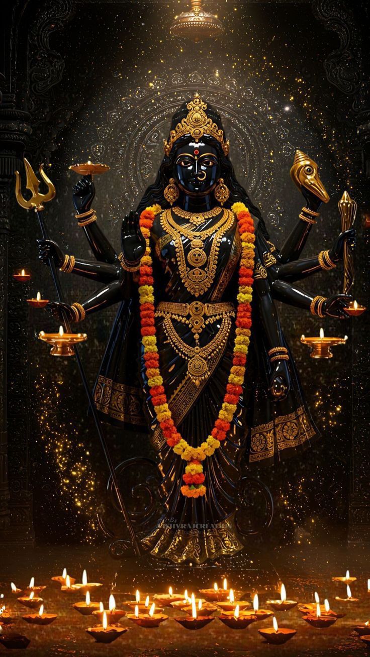 Mahakali Maa with diyas and trident
