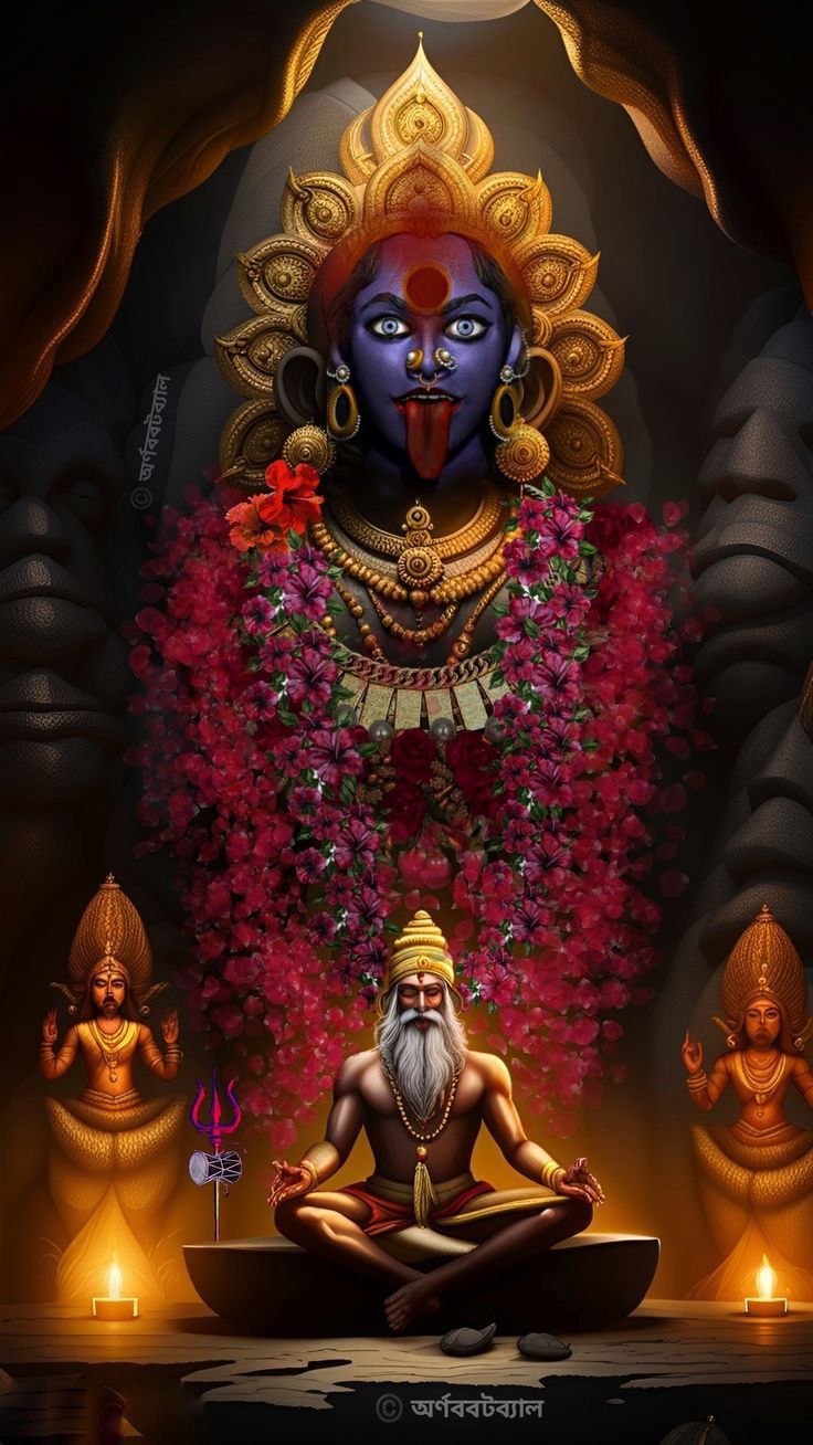 Mahakali Maa amidst pink flower garland