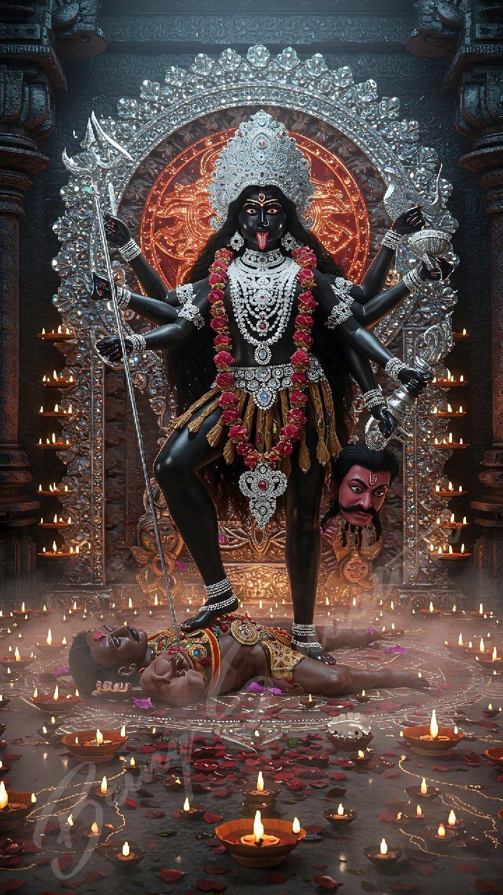 Powerful Mahakali Maa with trident and lamps